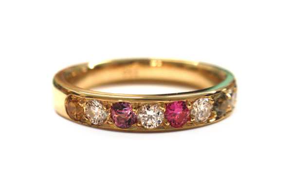 Multiple coloured sapphire and diamond pave set band