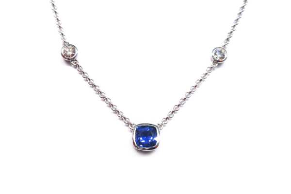 Ceylon sapphire cushion cut and diamond necklace