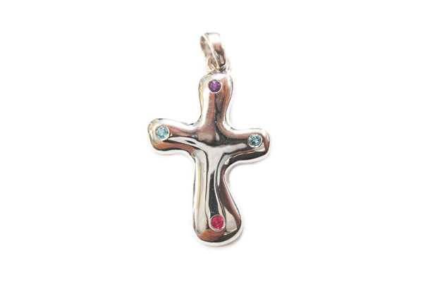 A modern family cross with the family members represented with birthstones