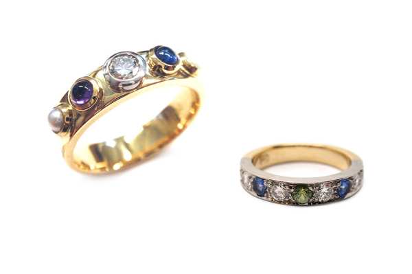 Birthstone rings using the children’s birthstones to create a colourful and meaningful piece