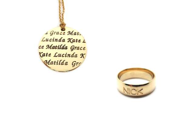 Laser engraved jewellery with the children names evenly placed