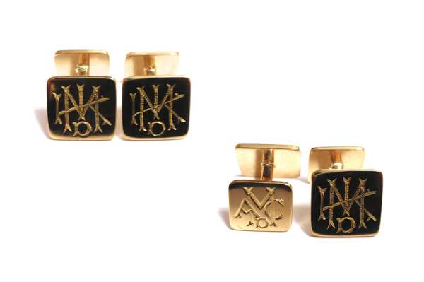 Hand engraved initial cufflinks that includes three generations of initials  (son and father on the back)