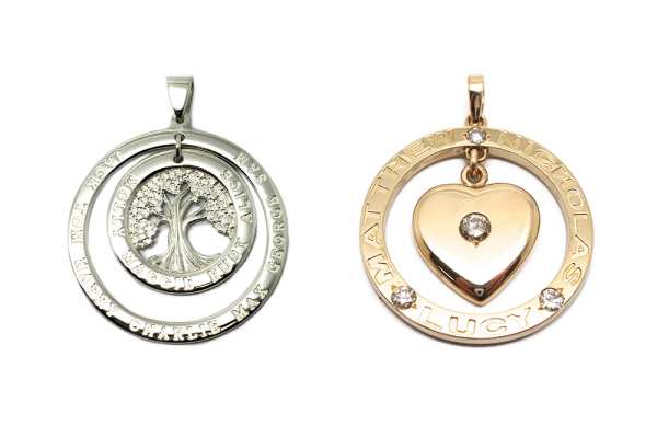 Family pendant with children/family placed around a center family tree or heart