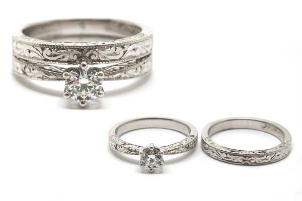 Hand engraved engagement and wedding ring set