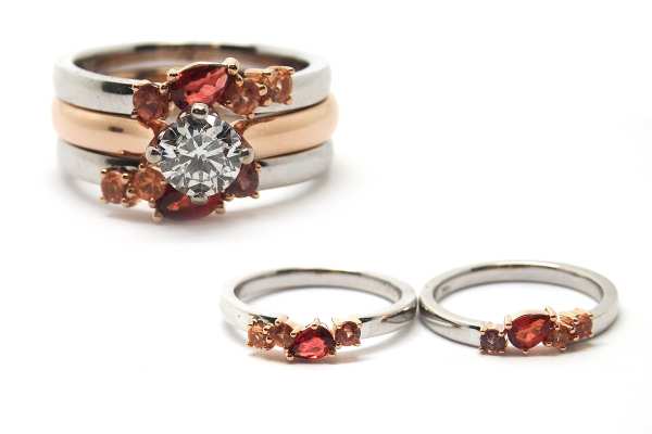 Coloured sapphires and diamond wedding set with split wedding rings