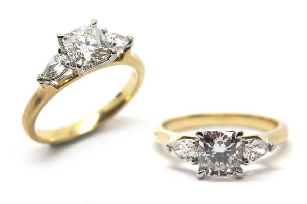 Classic look cushion and pear shaped diamond ring