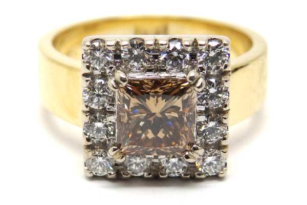 Argyle champagne diamond surrounded by white diamonds ring