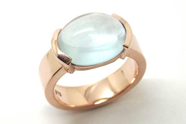 Cabochon oval aquamarine end set in a rose gold ring