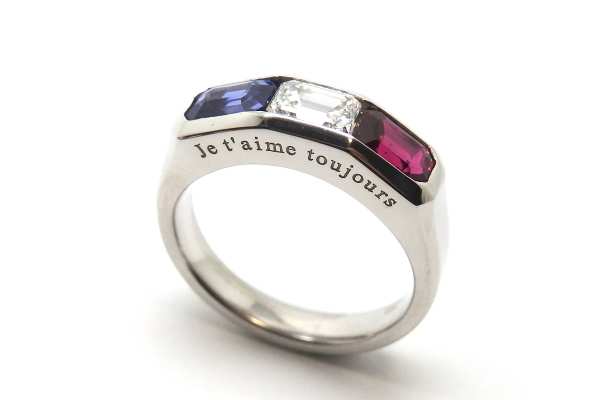 Natural sapphire, diamond and ruby French flag ring with custom message on the side