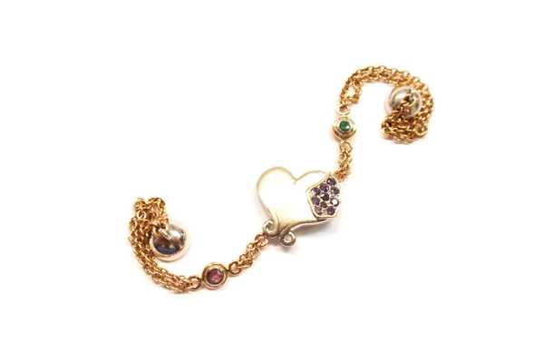 Three tone gold heart 10th anniversary bracelet with purple sapphires, tourmaline, emerald and magnetic clasp