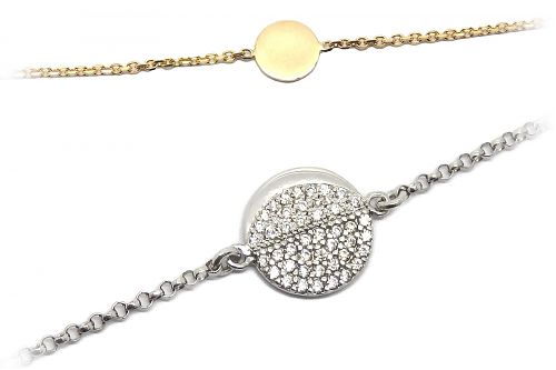 Disc pendant bracelets with a solid circle centre, can be left plan, engraved or diamond filled