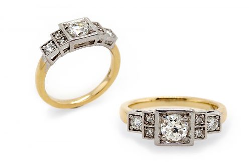 Art Deco inspired dress ring with brilliant cut diamonds bead set in square settings