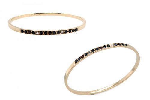 Solid oval bangle, bead set coloured sapphires and diamonds bangle