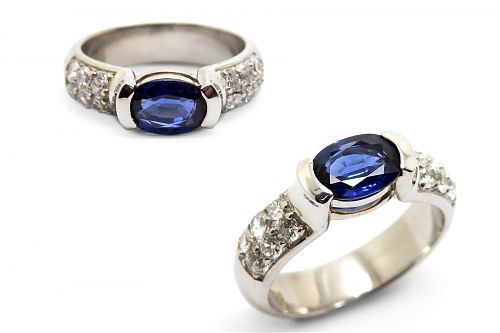 Oval sapphire end set with bead set white sapphires in the sides