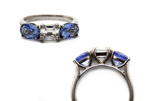 White and blue sapphires claw set in white gold with V shaped side details