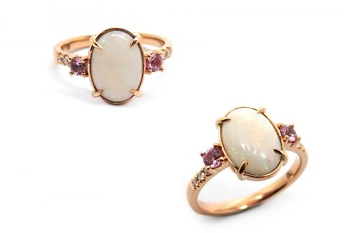 Opal claw set with pink sapphire side stones and diamond shoulders in rose gold