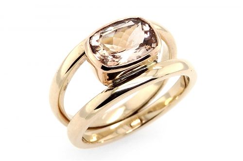Rose gold split band dress ring with a bezel set cushion cut morganite
