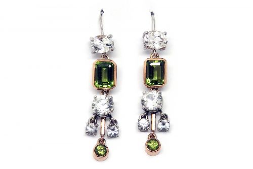 White topaz and peridot claw and bezel set in two tone gold chandelier earrings