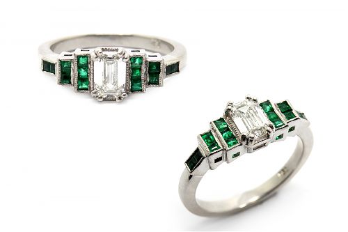 Emerald cut claw set diamond with natural square cut emeralds in an Art Deco inspired design