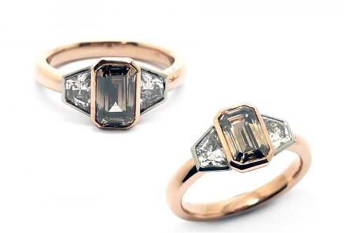 Bezel set emerald cut Argyle diamond, in rose gold with diamond side stones