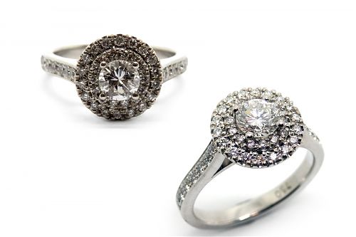 Double halo engagement ring with diamond shoulders in white gold