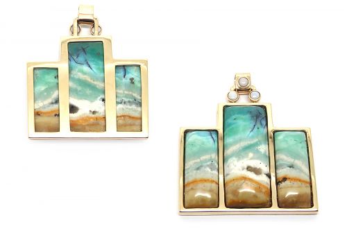 Wax carved yellow gold frame pendant with an opalised petrified wood cabochon set, white opals in the top section. A window view back