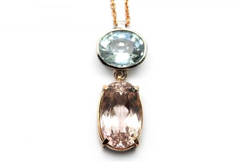 White gold bezel set aquamarine and rose gold claw set morganite pendant